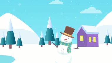 Mutlu kardan adam eşarp ve şapka takıyor. Mor evle karlı arazide.