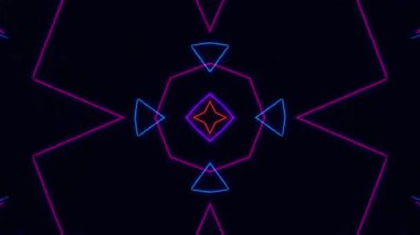 Karanlık bir zemin üzerinde dinamik neon geometrik desenler, modern teknoloji ve tasarım projeleri için ideal, yenilik ve yaratıcılığın canlı renklerle iletilmesi ve gelecekçi estetik