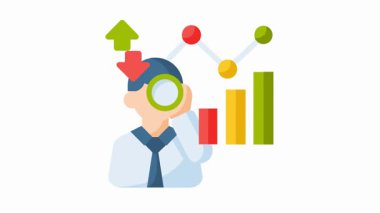 İş adamı verileri büyüteç ve renkli grafiklerle analiz ediyor.