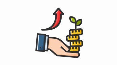 El ele tutuşan madeni paralar, büyüyen bitki ve yukarı doğru ok, finansal büyümeyi simgeliyor.