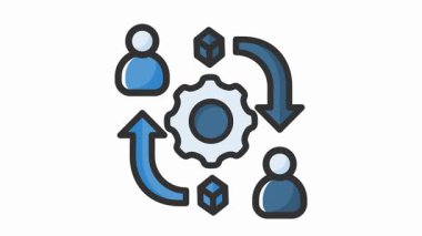 Modern iş akışı ve ortaklığı temsil eden takım çalışması ve dişli ikonu ve insan simgeleri ile işbirliğinin stilize edilmiş illüstrasyonu