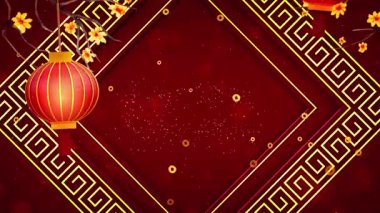 Lüks tasarımlar için altın geometrik desenlere ve kiraz çiçeklerine sahip zarif kırmızı arkaplan