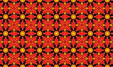 Siyah arka planda kırmızı ve sarı çiçekleri olan çarpıcı çiçek deseni, lüks tasarımlar için mükemmel.