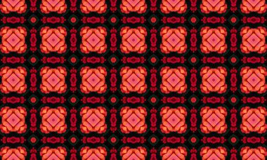 Koyu arkaplanda kırmızı ve turuncu desenli sersemletici çiçek deseni var.