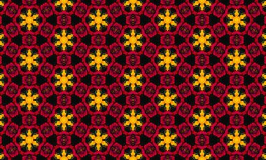 Parlak siyah bir zemin üzerinde kırmızı ve sarı çiçekleri barındıran sersemletici çiçek deseni, tasarımlara renk ve görsel ilgi katmak için mükemmel.