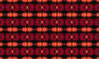 Tasarımlarınıza kırmızı ve turuncu çiçekleri siyah arka planda, moda, iç tasarım ve dekoratif projeler için mükemmel olan bu canlı çiçek deseni ile renk katın