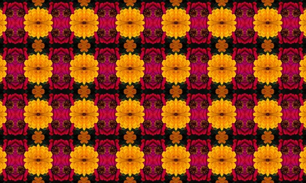 Siyah bir zemin üzerinde sarı ve pembe çiçekler bulunan güzel çiçek desenleri dekoratif tasarımlar ve sanatsal projeler için mükemmel.