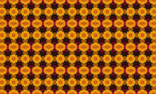 Siyah arka planda sarı çiçekleri içeren canlı, pürüzsüz bir desen.