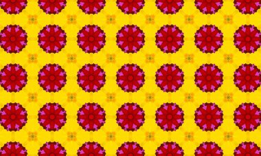 Parlak sarı arka planda canlı kırmızı ve pembe çiçekli güzel, pürüzsüz çiçek deseni