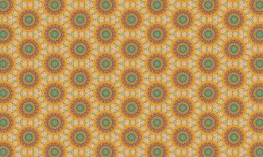 Turuncu, yeşil ve mor tonlarda eşmerkezli daireler içeren karmaşık dairesel desen büyüleyici ve sanatsal bir tasarım yaratıyor.