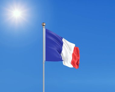 Üç boyutlu illüstrasyon. Güneşli mavi arka planda sallanan Fransa bayrağı.