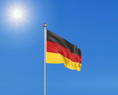 3 boyutlu illüstrasyon. Güneşli mavi arka planda sallanan Alman bayrağı.