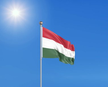 3D illustration. Colored waving flag of Hungary on sunny blue sky background.