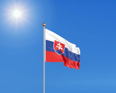 Üç boyutlu illüstrasyon. Slovakya 'nın renkli bayrağı güneşli mavi gökyüzü arka planında.