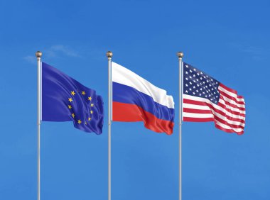 Üç bayrak. ABD (Amerika Birleşik Devletleri), AB (Avrupa Birliği) ve Rusya. 3B illüstrasyon.