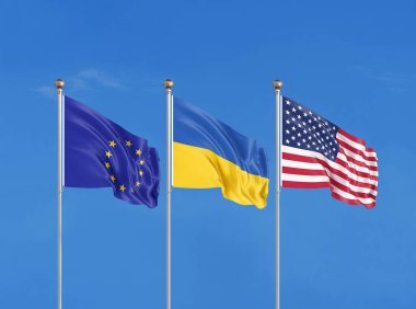Üç bayrak. ABD (Amerika Birleşik Devletleri), AB (Avrupa Birliği) ve Ukrayna. 3B illüstrasyon.