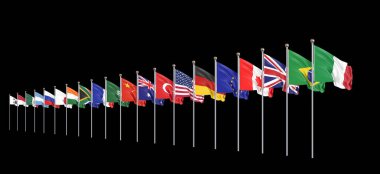 Yirmilikler Grubu 'nun bayraklarını sallayan ülkeler. Büyük G20, Roma, İtalya 'nın başkenti, 30-31 Ekim 2021 tarihleri arasında. 3d Illustration. Siyah arkaplanda izole.