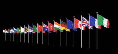 Yirmilikler Grubu 'nun bayraklarını sallayan ülkeler. Büyük G20, Roma, İtalya 'nın başkenti, 30-31 Ekim 2021 tarihleri arasında. 3d Illustration. Siyah arkaplanda izole.