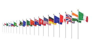 Yirmilikler Grubu 'nun bayraklarını sallayan ülkeler. Büyük G20, Roma, İtalya 'nın başkenti, 30-31 Ekim 2021 tarihleri arasında. 3d Illustration. Beyaz arkaplanda izole.