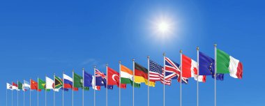 Yirmilikler Grubu 'nun bayraklarını sallayan ülkeler. Büyük G20, Roma, İtalya 'nın başkenti, 30-31 Ekim 2021 tarihleri arasında. 3d Illustration. Gökyüzü arka planında izole.