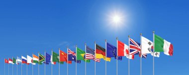 Yirmilikler Grubu 'nun bayraklarını sallayan ülkeler. Büyük G20, Roma, İtalya 'nın başkenti, 30-31 Ekim 2021 tarihleri arasında. 3d Illustration. Gökyüzü arka planında izole.