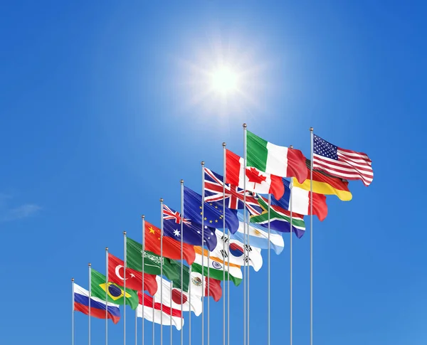 회원국의 깃발을 흔들고 이탈리아의 로마에 G20 Big G20 2021 일부터 — 스톡 사진