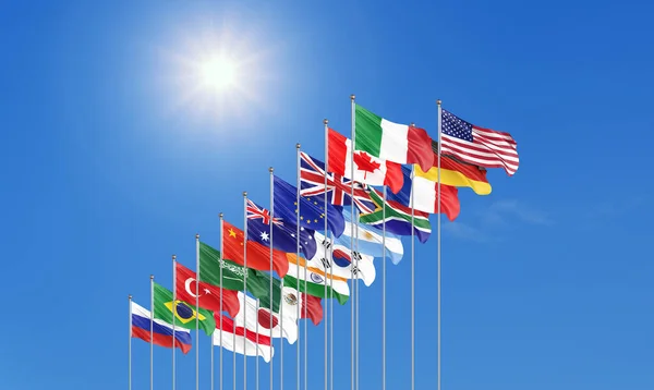 Mávání Vlajkami Zemí Členů Skupiny Dvacet Velká G20 Římě Hlavním — Stock fotografie