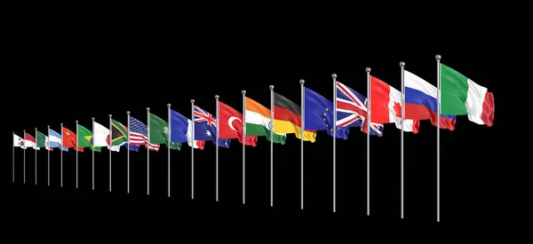 20国集团成员国的船旗飘扬 大20国集团 2021年10月30日至31日 意大利首都罗马 3D说明 被隔离在黑色背景下 — 图库照片