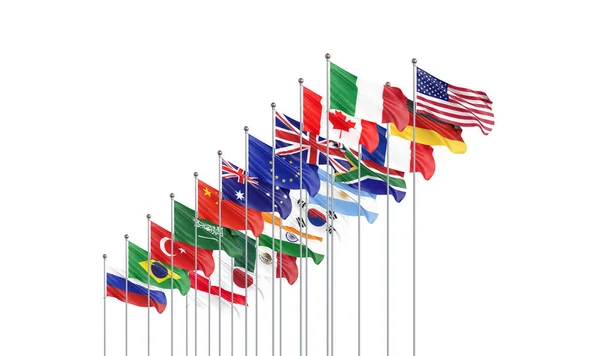 Zwaaien Vlaggen Landen Van Leden Groep Van Twintig Grote G20 Rechtenvrije Stockafbeeldingen