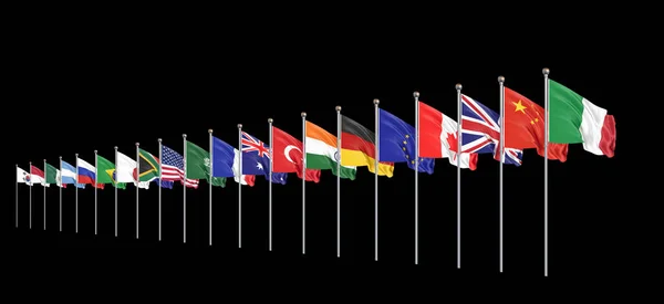 Ondeando Banderas Países Miembros Grupo Los Veinte Gran G20 Roma Imagen De Stock