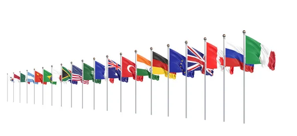Zwaaien Vlaggen Landen Van Leden Groep Van Twintig Grote G20 Rechtenvrije Stockfoto's