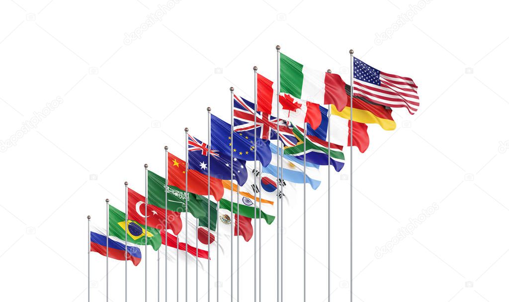 Waving flags countries of members Group of Twenty. Big G20, in Rome, the capital city of Italy, on 30-31 October 2021. 3d Illustration. Isolated on white background.
