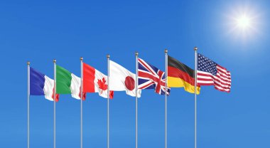 Üç boyutlu illüstrasyon. G7 bayrakları, Kanada, ABD, Almanya, İtalya, Fransa, Japonya, Birleşik Krallık 2020 ülkelerinin bayraklarını sallıyordu. Çevrimiçi zirve. Büyük Yedi.