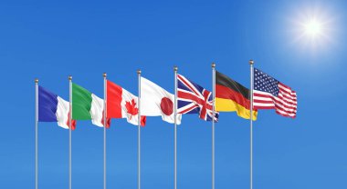 3D illustration. G7 flags Silk waving flags of countries of Group of Seven : Canada, USA states, Germany, Italy, France, Japan, UK 2020. Online summit. Big Seven. clipart
