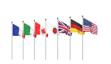 Online summit. G7 flags Silk waving flags of countries of Group of Seven : Canada, Germany, Italy, France, Japan, USA states, United Kingdom 2020. Big Seven. Isolated on white. 3D illustration. clipart