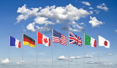 G7 bayrakları. Yedili Grup ülkelerinin ipek bayrakları sallanıyor: 2020 yılında Almanya, Kanada, ABD, İtalya, Fransa, Japonya, İngiltere. Çevrimiçi zirve. Büyük Yedi. Gökyüzü arka planında izole edilmiş. 3B illüstrasyon