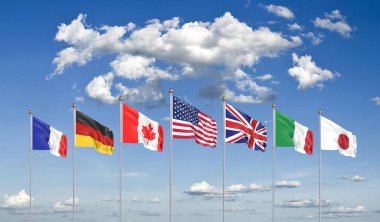 G7 flags . Silk waving flags of countries of Group of Seven :  Germany, Canada, USA , Italy, France, Japan, UK in 2020. Online summit. Big Seven.   Isolated on sky background. 3D illustration clipart