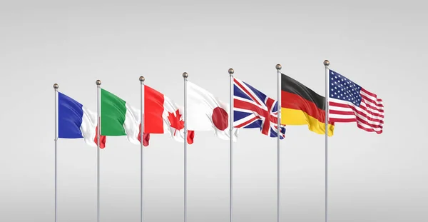 Büyük Yedi. Yedi Kanada, Almanya, İtalya, Fransa, Japonya, ABD, İngiltere 'nin bayrakları. 11-13 Haziran 2021 tarihlerinde İngiltere' de gerçekleşen 47. G7 zirvesi. Gri arka plan. 3B illüstrasyon.