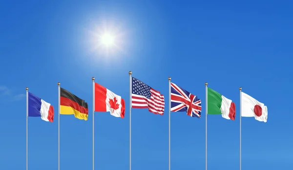 Illusztráció Zászlók Selyemlobogós Zászlók Hetedik Csoport Országaiban Kanada Usa Államok — Stock Fotó