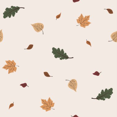 Meşe, akçaağaç ve huş yapraklarını içeren basit, şık ve tekrarlayan bir vektör deseni. Sonbahar arkaplanı, kumaş ve dijital kağıt tasarımı için mükemmel