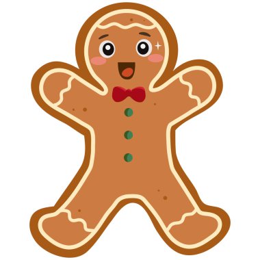 Mutlu zencefilli kurabiye kurabiyesinin büyüleyici bir çizimi. Gülen tatlı bir yüzü, ışıl ışıl yanakları, ışıl ışıl gözleri ve Noel tatili için mükemmel bir papyonu var. Yemek teması ve çocuk içeriği tasarlıyor.