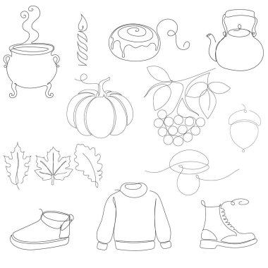 Hoş sonbahar ve sonbahar eserleri içeren büyüleyici bir sanat çizgisi seti bir balkabağı süveter botlu tarçın rulosu kazan yaprağı çaydanlığı ve daha fazlası mevsimsel dekor ve grafikler için mükemmel minimalist sürekli bir çizim tasarımıdır.