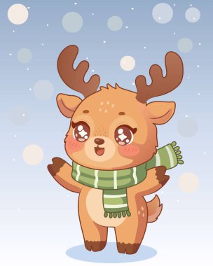 Yeşil çizgili eşarp takan ve gülümseyen mutlu bir ren geyiğinin süper sevimli kawai tarzı tasviri. Büyük parlak gözleri ve pembe yanakları onu yumuşak karlı bir arka plana karşı dayanılmaz derecede çekici kılıyor. Çocuk kitapları için tatil kartları için mükemmel.
