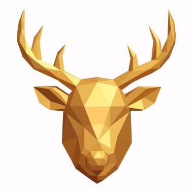 Parlak altın renkli geyik boynuzlu geyik ya da geyik kafasının çarpıcı bir 3D düşük polimerli çizimi modern ve kaliteli bir heykele mükemmel bir bayram dekorasyonu ve markalaştırma için mükemmel bir görünüm verir.