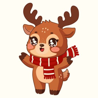 Süper şirin ve mutlu bir bebek ren geyiği. Kocaman parlak gözleri ve neşeli bir gülümsemesi var. Kırmızı ve beyaz çizgili bir eşarp takıyor.!