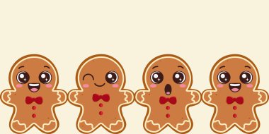 Farklı duyguları ifade eden dört sevimli zencefilli çöreğin yer aldığı eğlenceli ve büyüleyici bir yatay sınır (mutlu, göz kırpan, şaşırmış). Her kurabiye küçük kırmızı bir papyon takar ve büyük parlak gözleri vardır. Güzel tatil tasarımı!