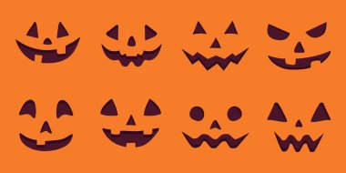 Dört ürkütücü ve komik balkabağı yüzlü vektör seti. Cadılar Bayramı temaları, balkabağı oyma şablonları ya da mevsimlik dijital ve baskı tasarımları için mükemmel.