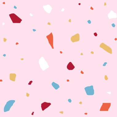 Canlı ve eğlenceli bir terrazzo tasarımı. Birincil renklerde düzensiz çipler içeriyor. Koyu kırmızı, parlak turuncu, güneşli sarı ve açık mavi renkli.