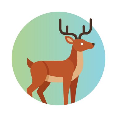 Çağdaş, minimalist düz bir tasvirde kahverengi geyik ya da geyik boynuzlu, yeşil ve mavinin dairesel eğimli arka planı, doğa ya da hayvan temalı tasarım ve simgeler için mükemmeldir.