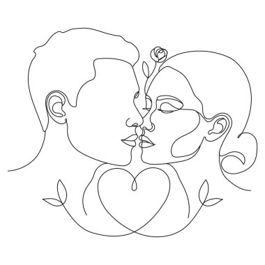 Romantizm ve duygusal bağı kutlamak için bir kalp ve çiçeklerle iç içe geçmiş güzel yüzler paylaşan bir çiftin minimalist sürekli çizimi.
